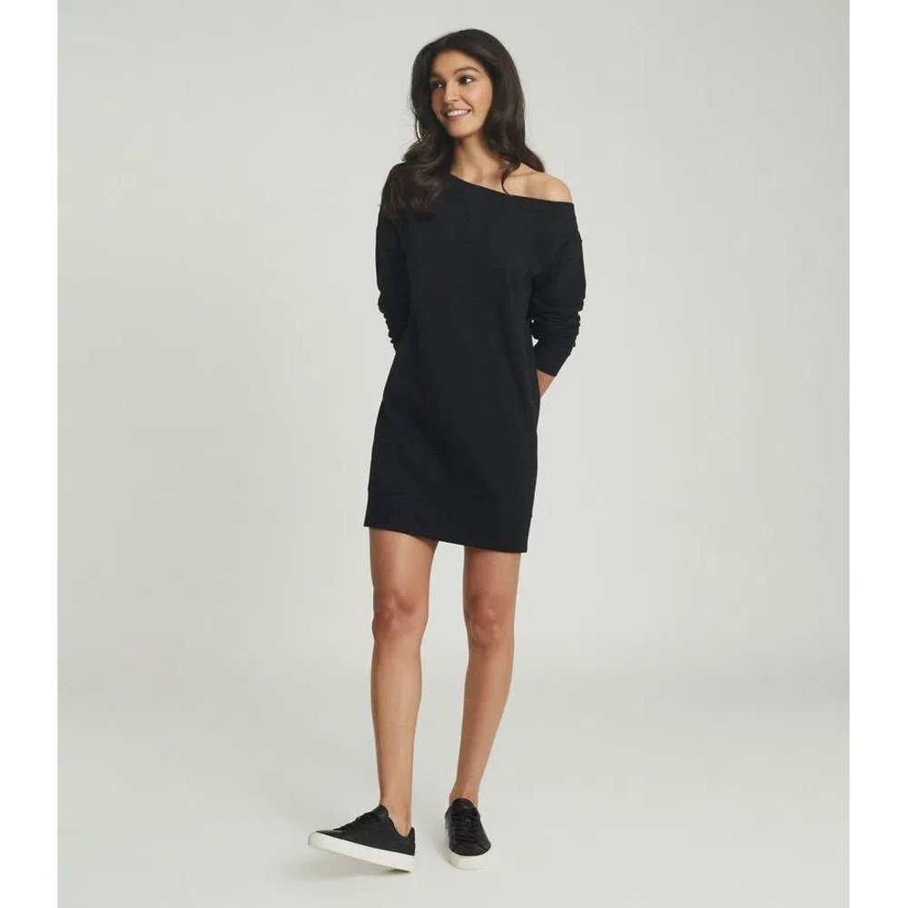 REISS Portia Black Off-The-Shoulder Sweatshirt Dress Size S Long Sleeve Mini